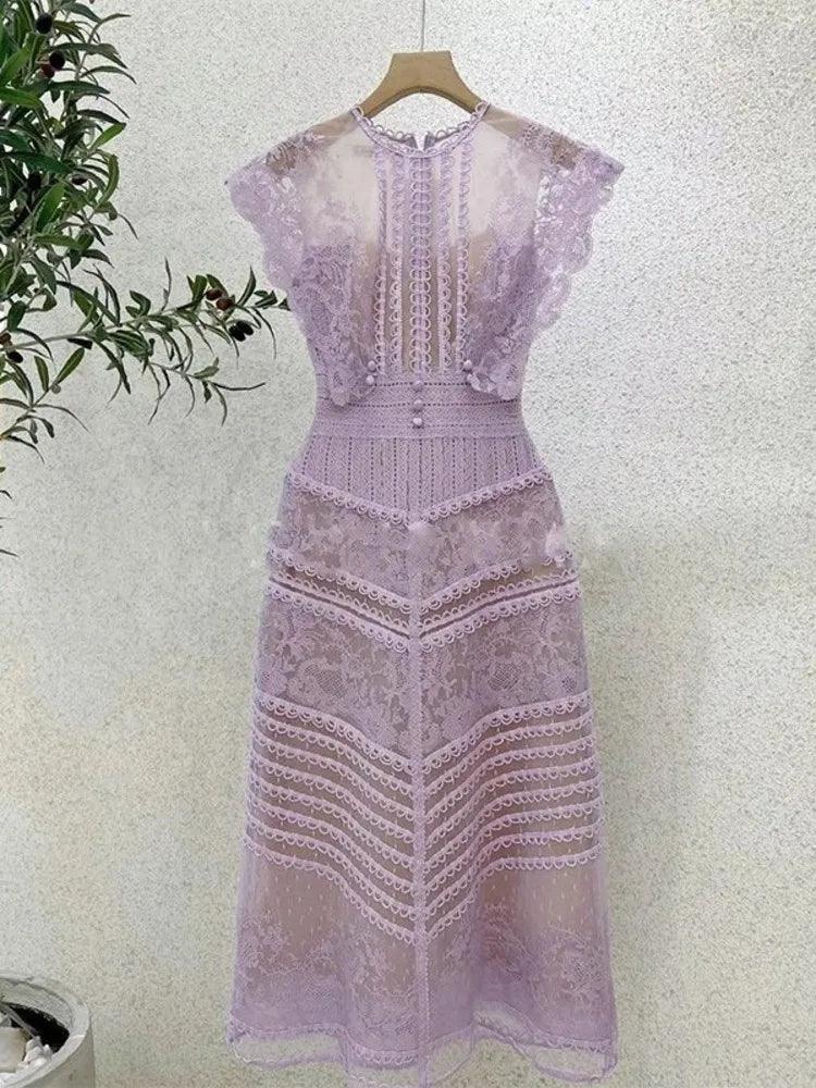 Embroidery Hollow Out Mid-Length Lace Dress