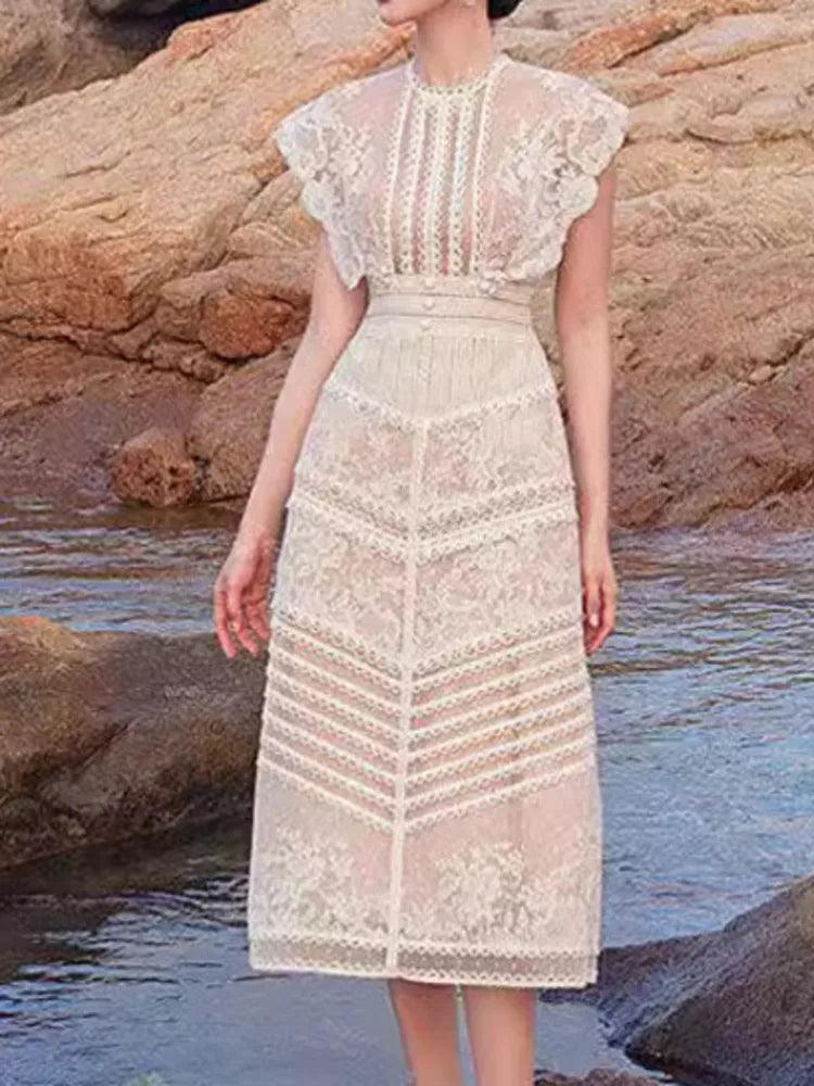 Embroidery Hollow Out Mid-Length Lace Dress