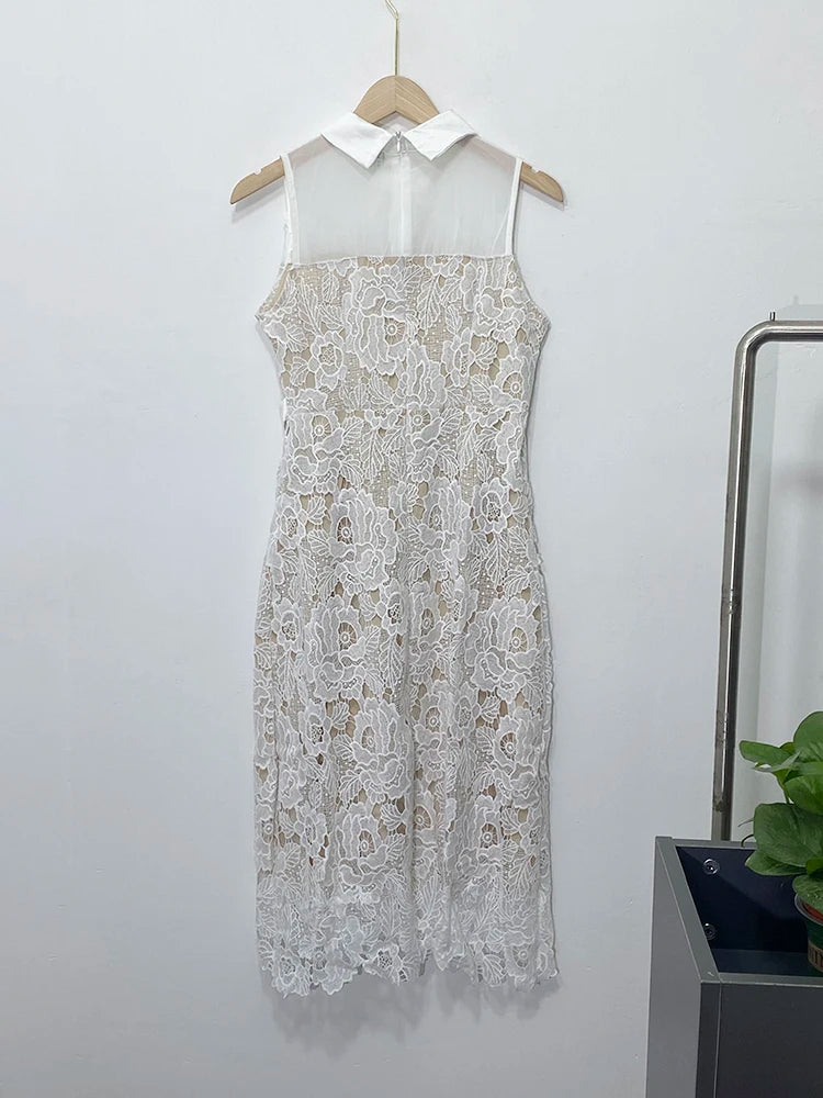 Doll Neck Patchwork Flower Lace Dress