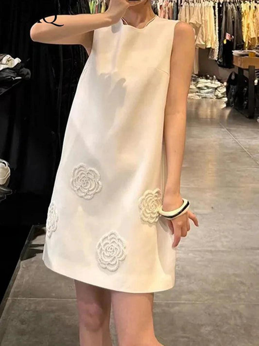 3D Flower Solid Sleeveless Party Dress