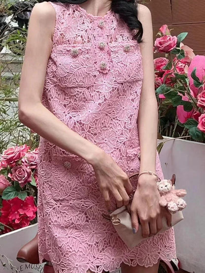 Pink Button Lace Sleeveless A-Line Dress