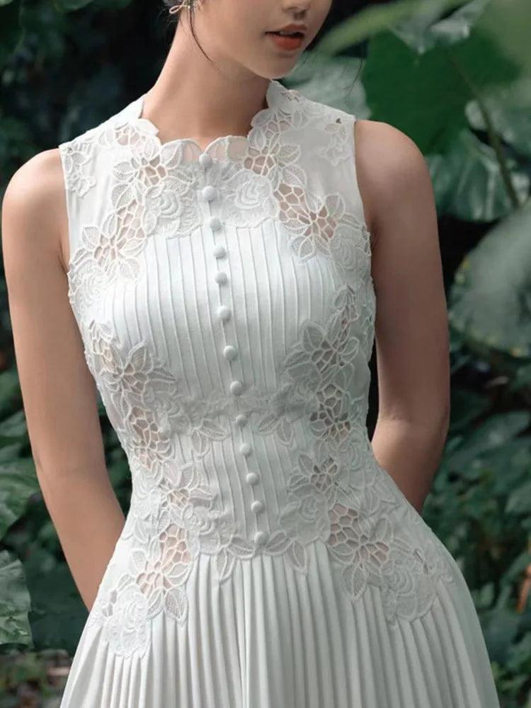 Sweet Long Pleated Lace Embroidery Dress