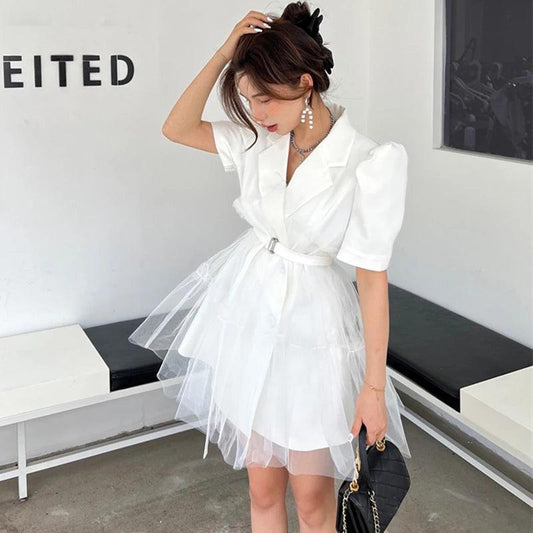 Notched Puff Sleeve Mesh Dress