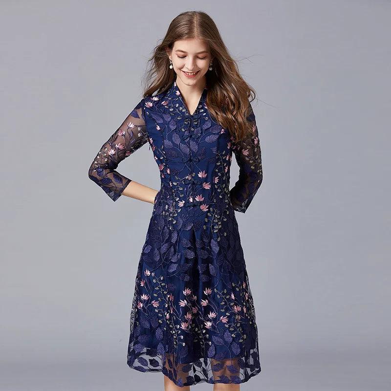 Embroidered V-Neck Floral Knee-Length Dress