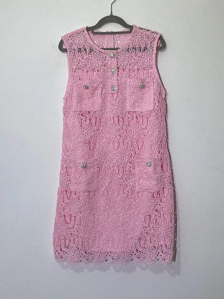 Pink Button Lace Sleeveless A-Line Dress