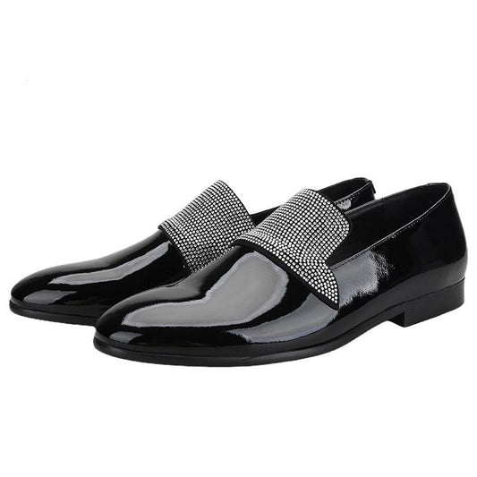 Black Patent Leather Loafers With Rhinestones - Men Shoes - Loafer Shoes - Guocali