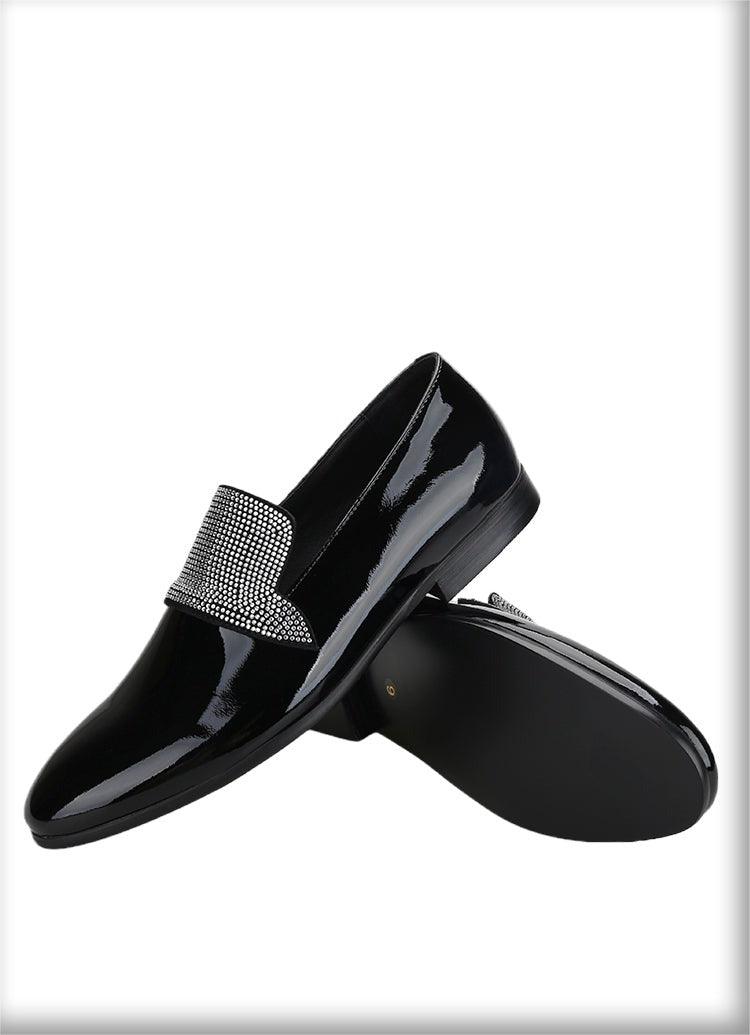 Black Patent Leather Loafers With Rhinestones - Men Shoes - Loafer Shoes - Guocali