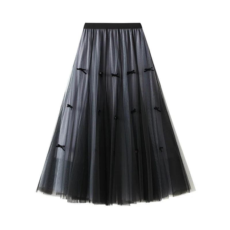 Bow Mesh Elastic A-Line Skirt - A-Line Skirt - Guocali