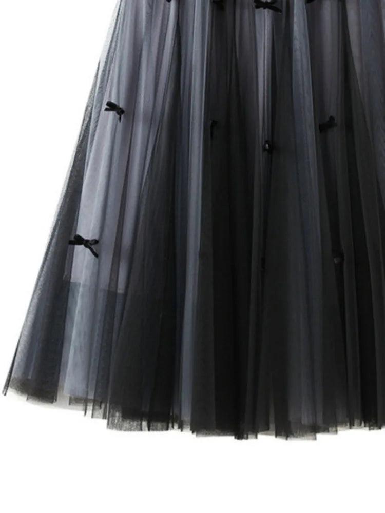 Bow Mesh Elastic A-Line Skirt - A-Line Skirt - Guocali