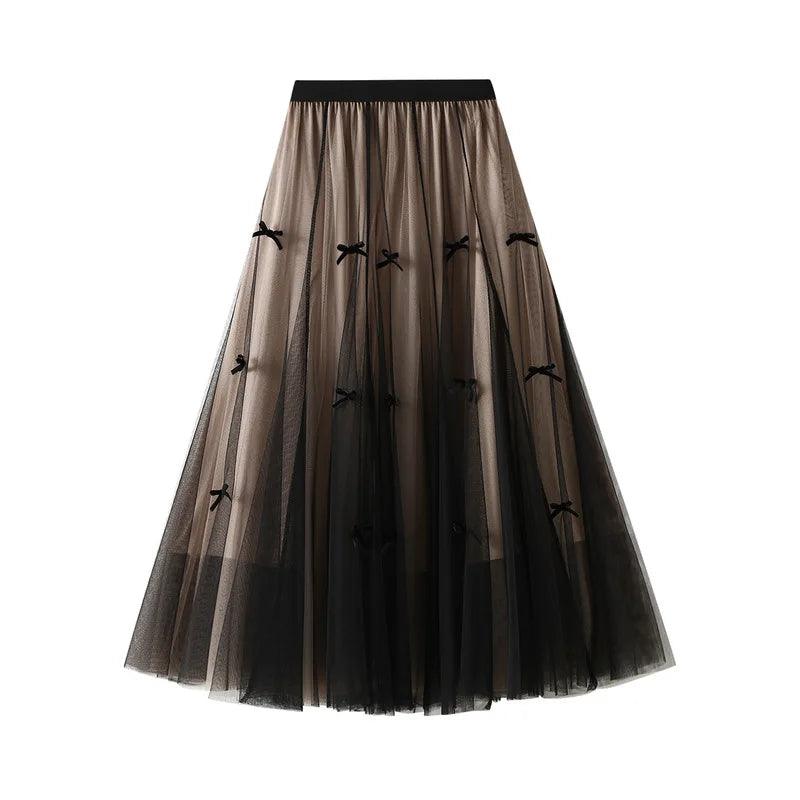 Bow Mesh Elastic A-Line Skirt - A-Line Skirt - Guocali