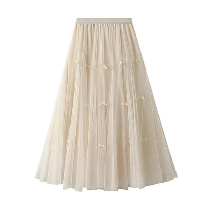 Bow Mesh Elastic A-Line Skirt - A-Line Skirt - Guocali