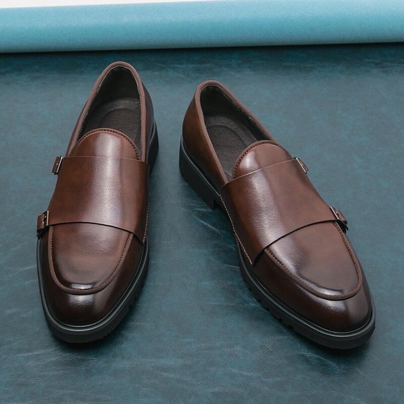 Brown Monk Strap Rounded Toe Loafers - Men Shoes - Loafer Shoes - Guocali