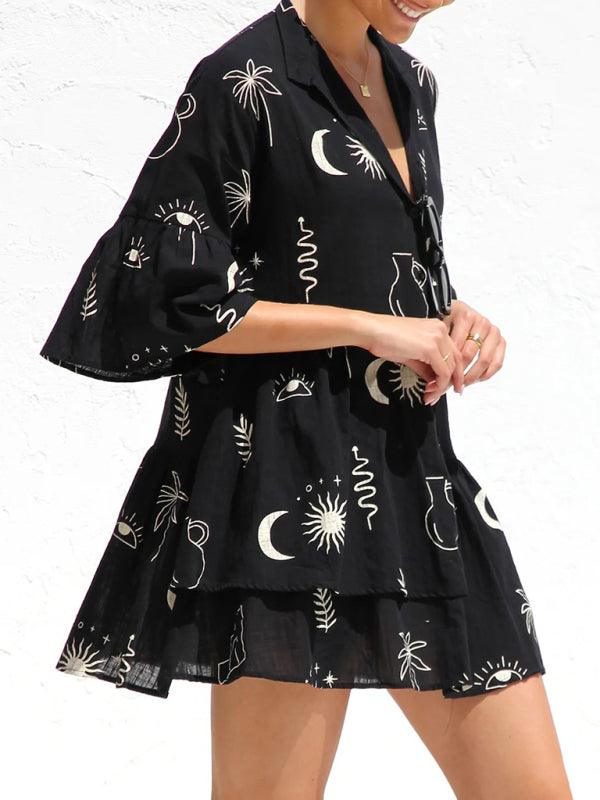 Comfortable Trumpet Sleeve Ethnic Dress - Short Dress - Guocali