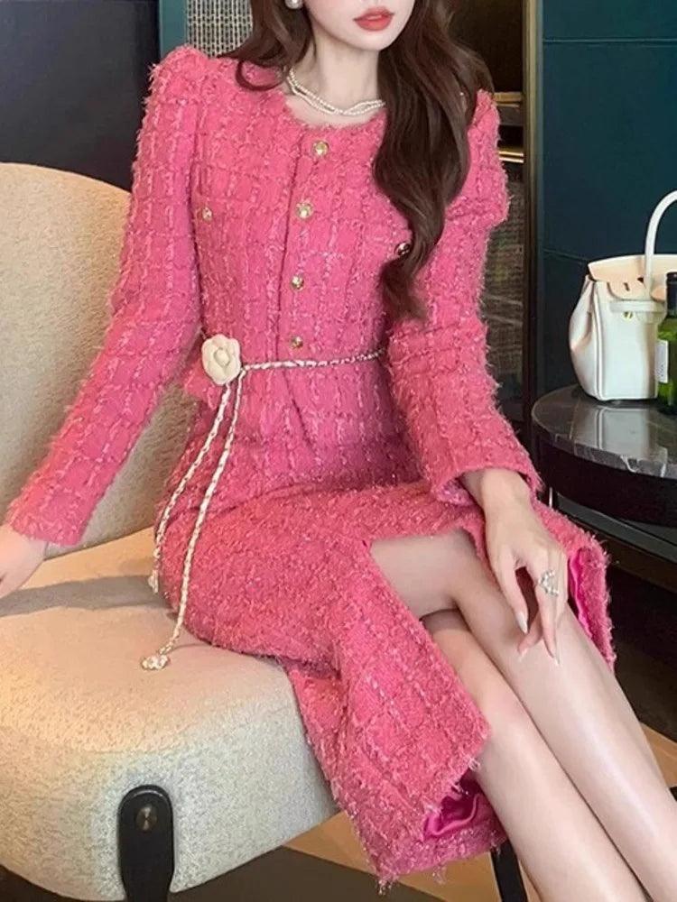 Elegant Pink Tweed Cardigan Skirt Set - Outfit Set - Guocali