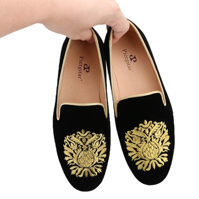 Embroidered Gold Floral Velvet Women Loafers - Loafer Shoes - Guocali