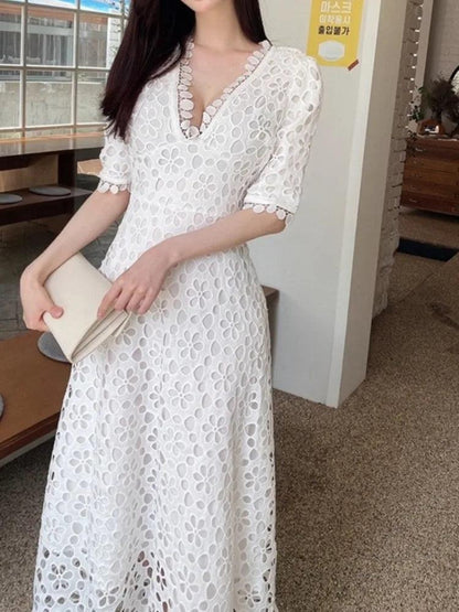 Fairy Style V-Neck Lace Dress - White Dress - Guocali