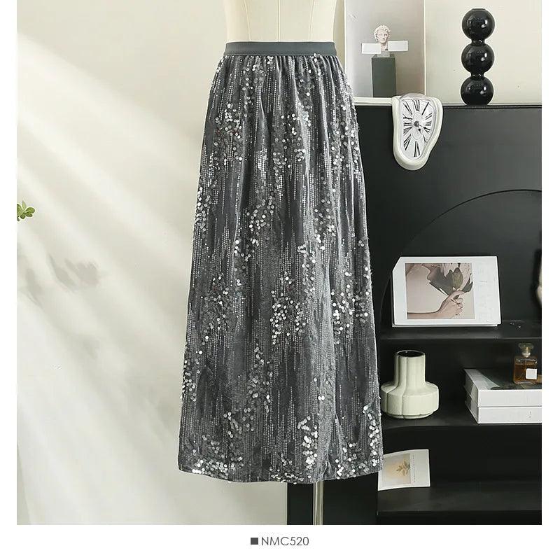 Fashion Women's Sequined A-Line Skirt High Waist Mid Length - A-Line Skirt - Guocali