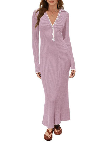 Fashionable Lapel Slim Fit Knitted Dress - Knitted Dress - Guocali