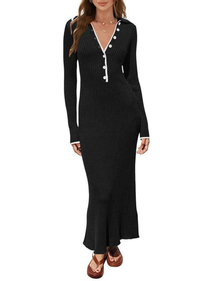 Fashionable Lapel Slim Fit Knitted Dress - Knitted Dress - Guocali