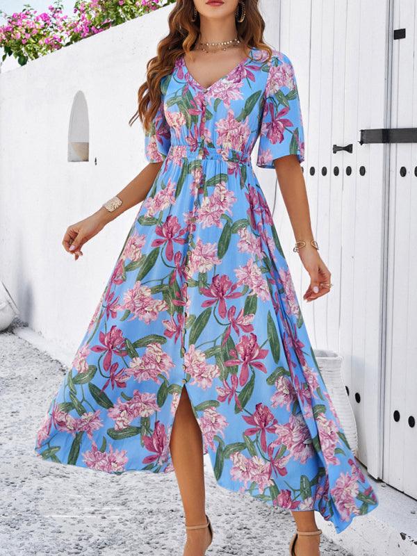 Floral Print Slit Dress Vacation - Slit Dress - Guocali