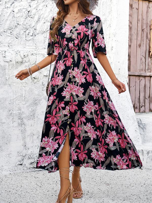 Floral Print Slit Dress Vacation - Slit Dress - Guocali