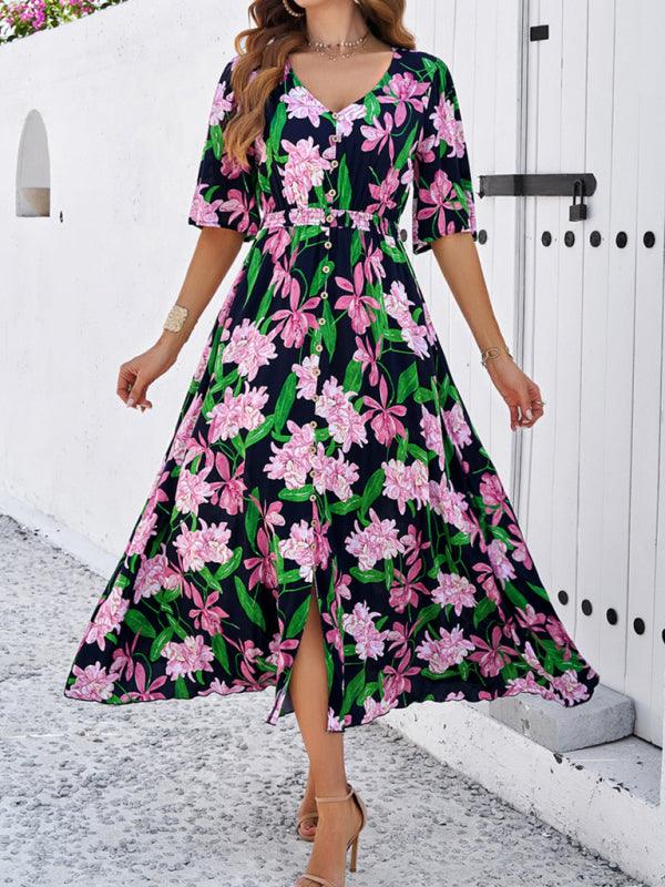 Floral Print Slit Dress Vacation - Slit Dress - Guocali