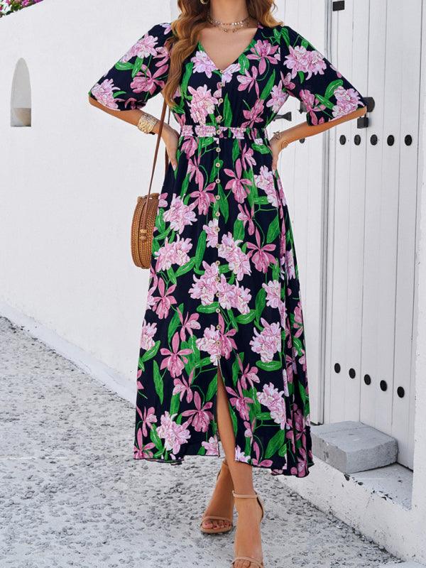 Floral Print Slit Dress Vacation - Slit Dress - Guocali