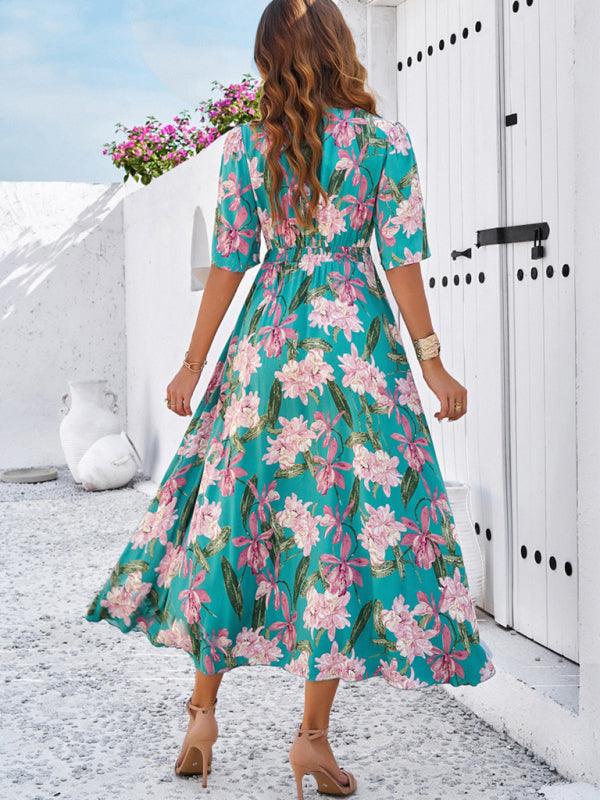 Floral Print Slit Dress Vacation - Slit Dress - Guocali