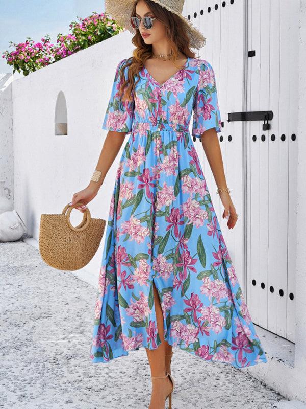 Floral Print Slit Dress Vacation - Slit Dress - Guocali