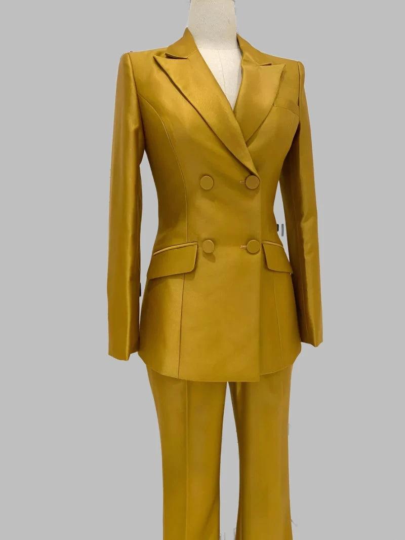 Golden Yellow Two-Piece Suit, Flared Pant Suit - Pantsuit - Guocali