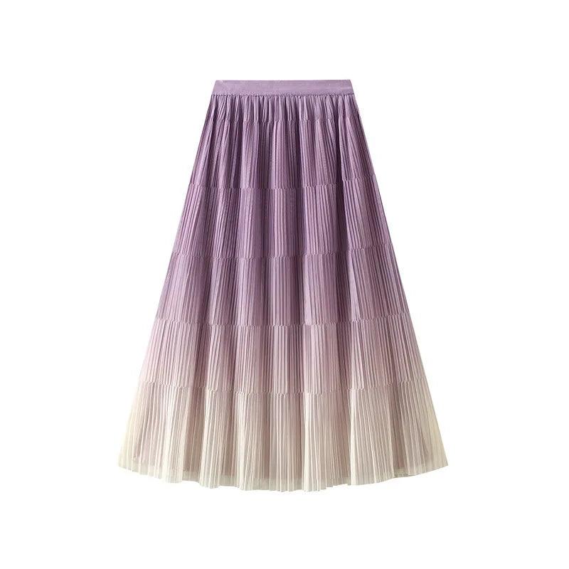 Gradient Color Loose Mid Length Skirt Women - Pleated Skirt - Guocali