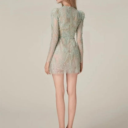 Green Lace Bodycon Long-Sleeve Party Dress - Party Dress - Guocali