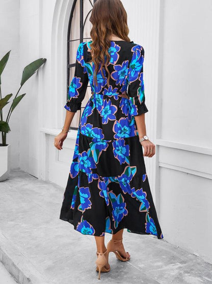 Holiday Casual Printed V-Neck Slit Dress - Slit Dress - Guocali