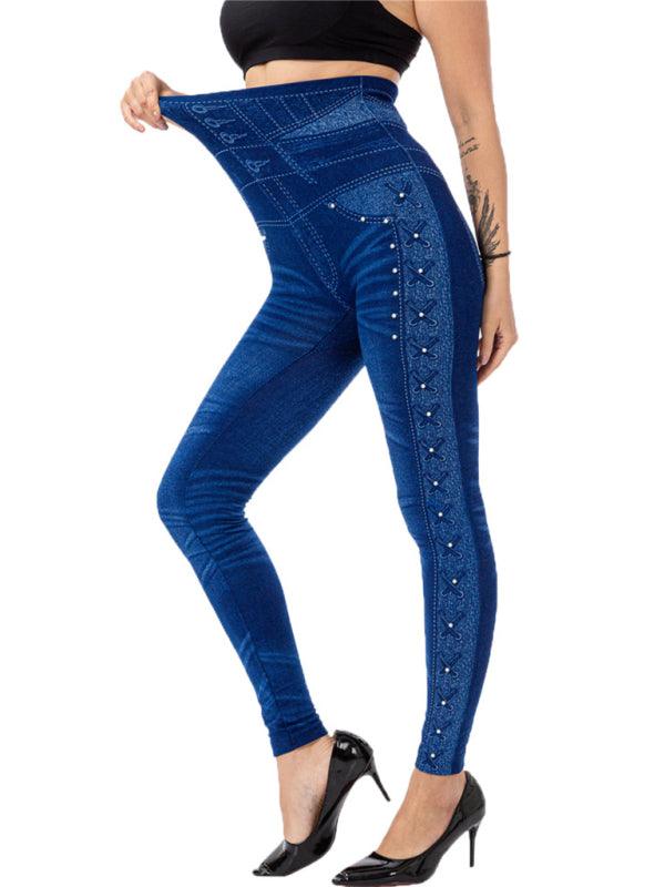 High Waist Beaded Jeggings - Stretch