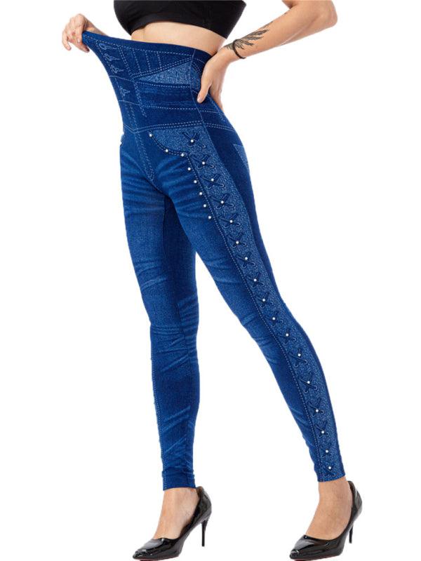 High Waist Beaded Jeggings - Stretch