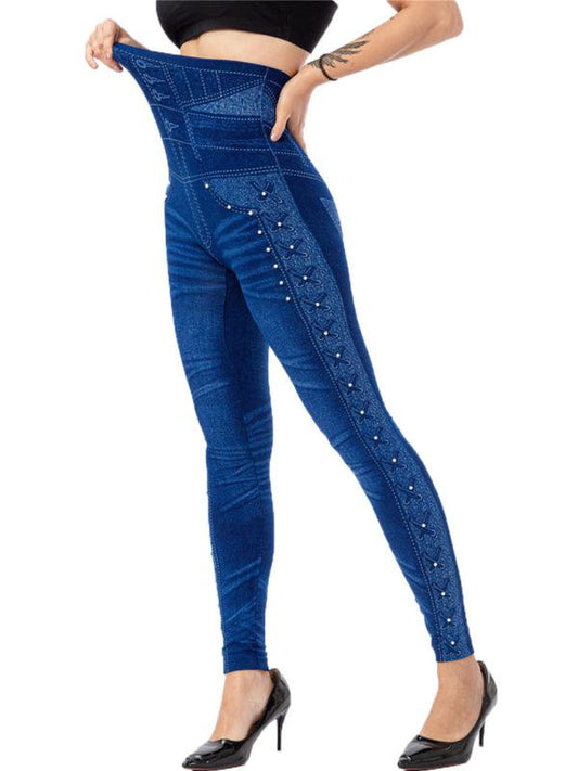 Legging taille haute perlé, pantalon court slim extensible 