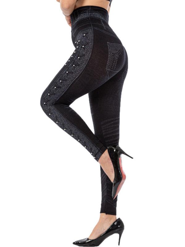 High Waist Beaded Jeggings - Stretch