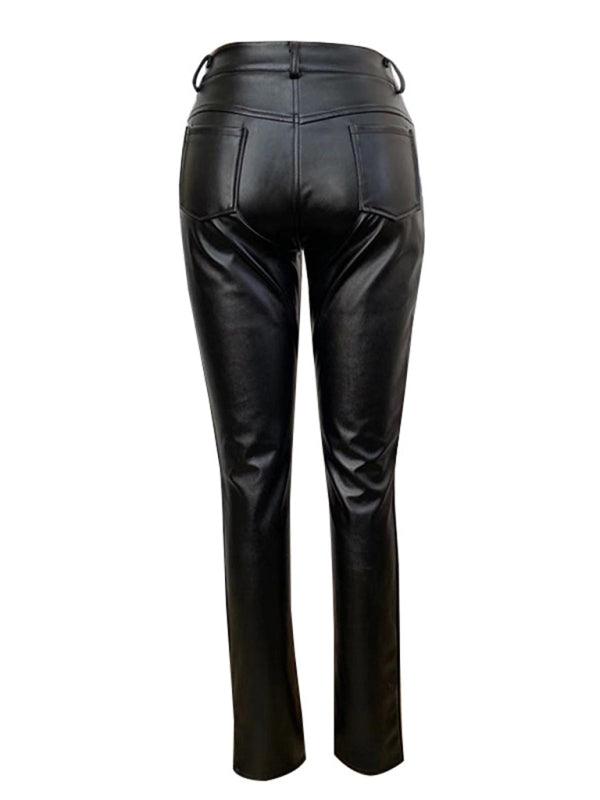 Pantalon moulant taille haute en PU pour femme 