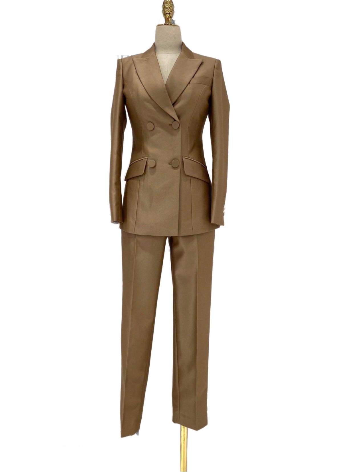 Khaki Worsted Wool Double-Breasted Slim Fit Pant Suit - Pantsuit - Guocali