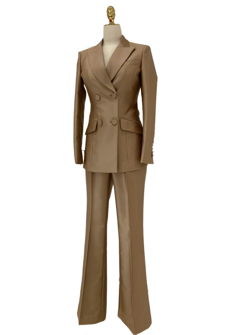 Khaki Worsted Wool Double-Breasted Slim Fit Pant Suit - Pantsuit - Guocali