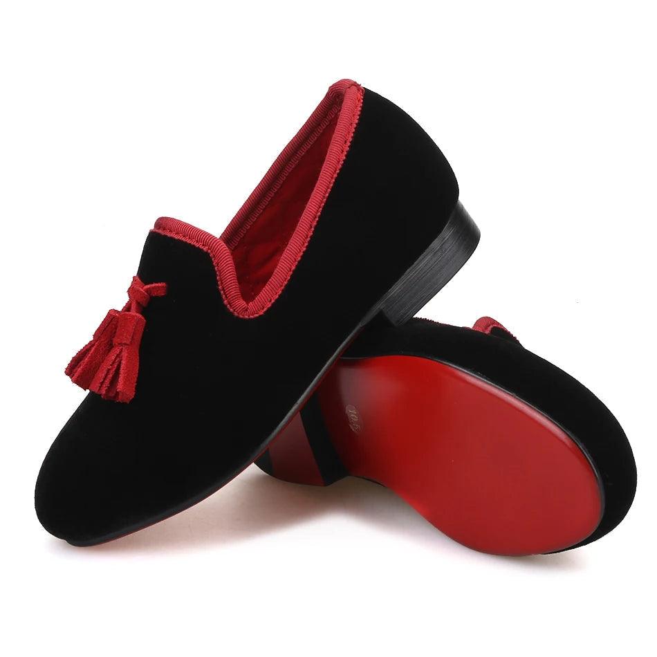 Kids Loafers Black Velvet Children's Loafers with Tassels-Loafer Shoes-GUOCALI