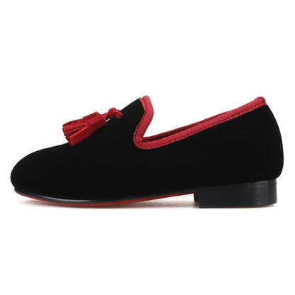 Kids Loafers Black Velvet Children's Loafers with Tassels-Loafer Shoes-GUOCALI