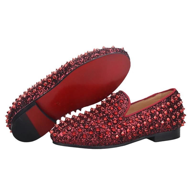 Kids Loafers Bold Spikes: Handmade Red Kids Loafers Shoes-Loafer Shoes-GUOCALI