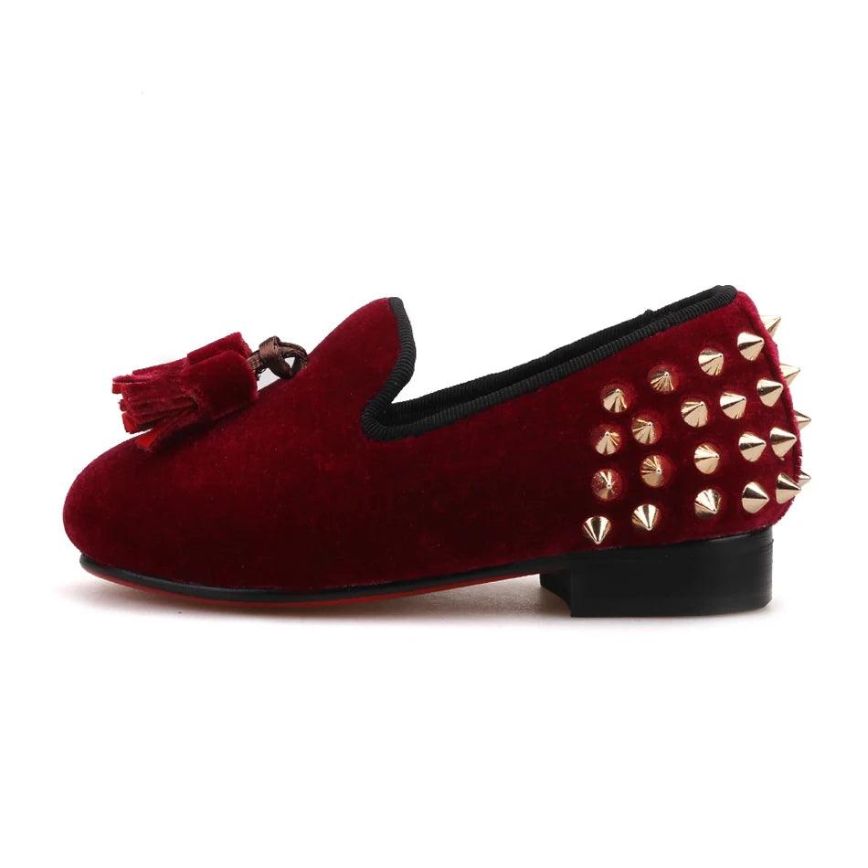 Kids Loafers Burgundy Kids Loafers With Tassel Studs Casual Shoes-Loafer Shoes-GUOCALI