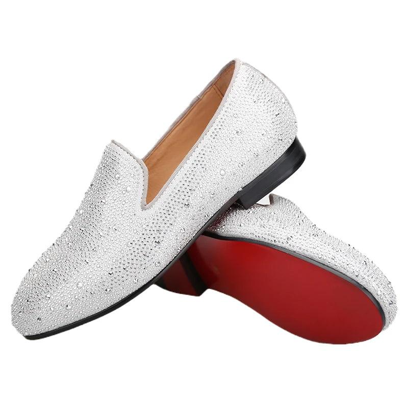 Kids Loafers Crystal Gleam: Handmade Silver Leather Parent-Child Loafers - Red Bottoms-Loafer Shoes-GUOCALI