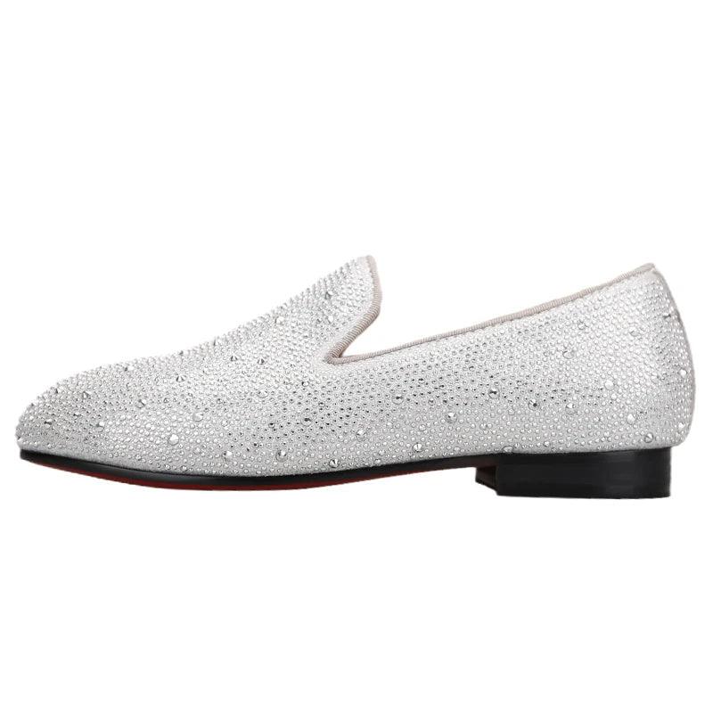 Kids Loafers Crystal Gleam: Handmade Silver Leather Parent-Child Loafers - Red Bottoms-Loafer Shoes-GUOCALI