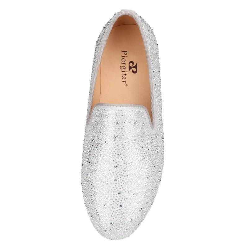 Kids Loafers Crystal Gleam: Handmade Silver Leather Parent-Child Loafers - Red Bottoms-Loafer Shoes-GUOCALI