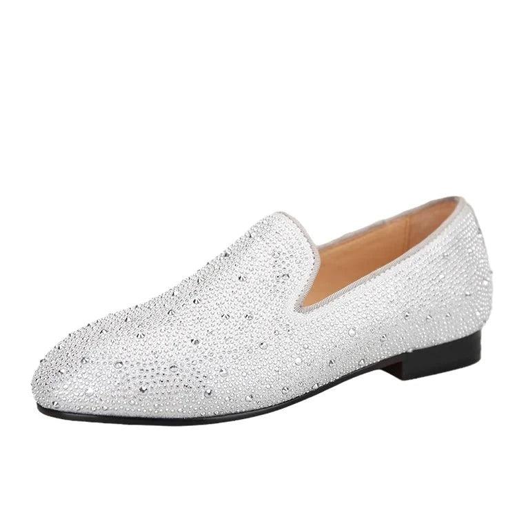 Kids Loafers Crystal Gleam: Handmade Silver Leather Parent-Child Loafers - Red Bottoms-Loafer Shoes-GUOCALI