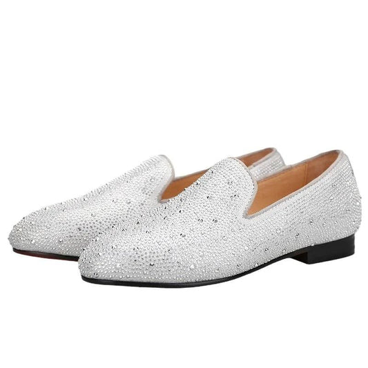 Kids Loafers Crystal Gleam: Handmade Silver Leather Parent-Child Loafers - Red Bottoms-Loafer Shoes-GUOCALI