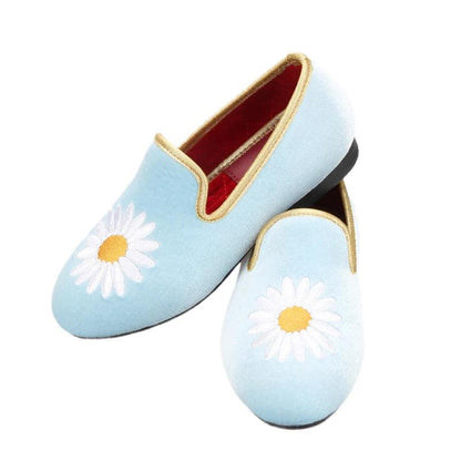 Kids Loafers Daisy Dreams: Handmade Toddler Loafers in Sky Blue Velvet with Charming Daisy Embroidery-Loafer Shoes-GUOCALI